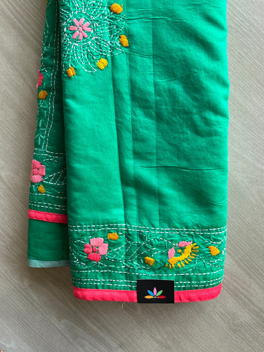Handcrafted Phulkari Embroidery Chanderi Cotton Silk Saree - 36235