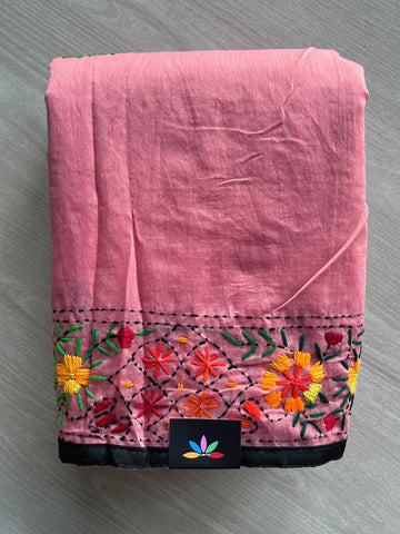 Handcrafted Phulkari Embroidery Chanderi Cotton Silk Saree - 36236