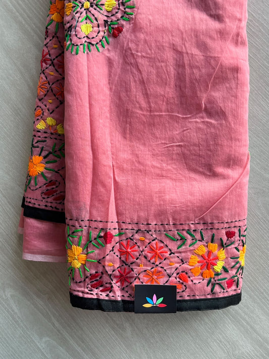 Handcrafted Phulkari Embroidery Chanderi Cotton Silk Saree - 36236