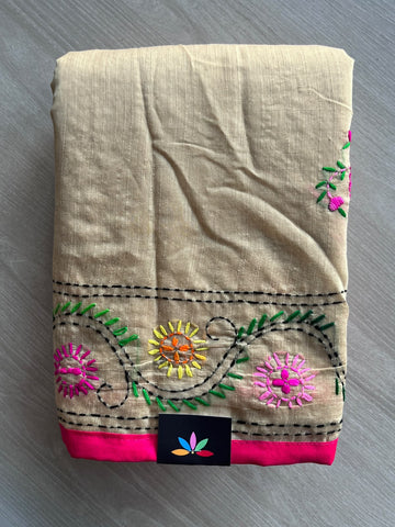Handcrafted Phulkari Embroidery Chanderi Cotton Silk Saree - 36237
