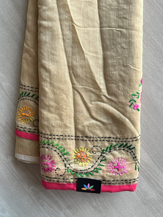 Handcrafted Phulkari Embroidery Chanderi Cotton Silk Saree - 36237