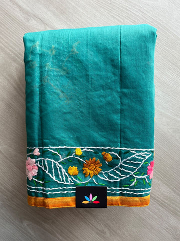 Handcrafted Phulkari Embroidery Chanderi Cotton Silk Saree - 36238