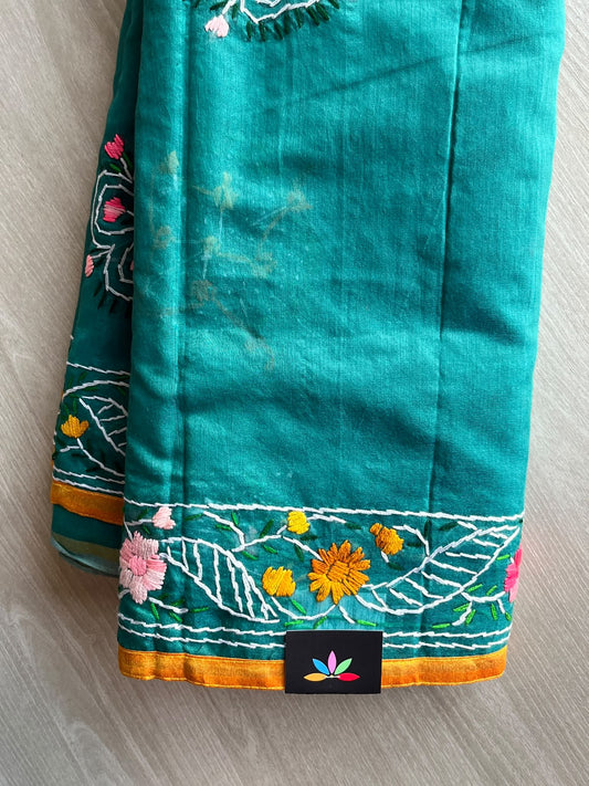 Handcrafted Phulkari Embroidery Chanderi Cotton Silk Saree - 36238