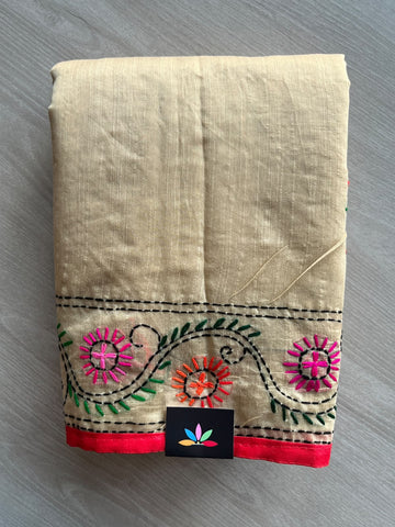 Pearl Beige Handcrafted Phulkari Embroidery Chanderi Cotton Silk Saree - 36239