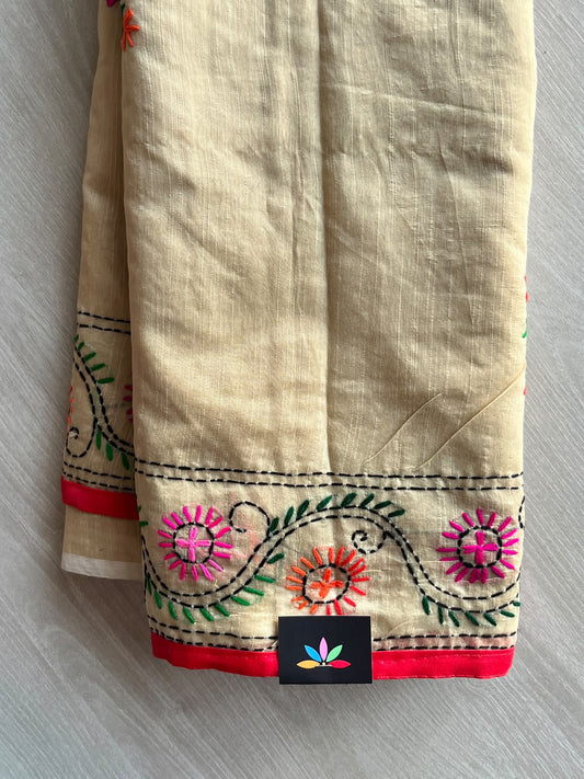Pearl Beige Handcrafted Phulkari Embroidery Chanderi Cotton Silk Saree - 36239