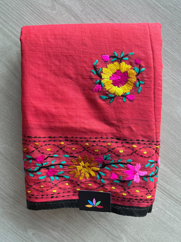 Raspberry Red Handcrafted Phulkari Embroidery Chanderi Cotton Silk Saree - 36240
