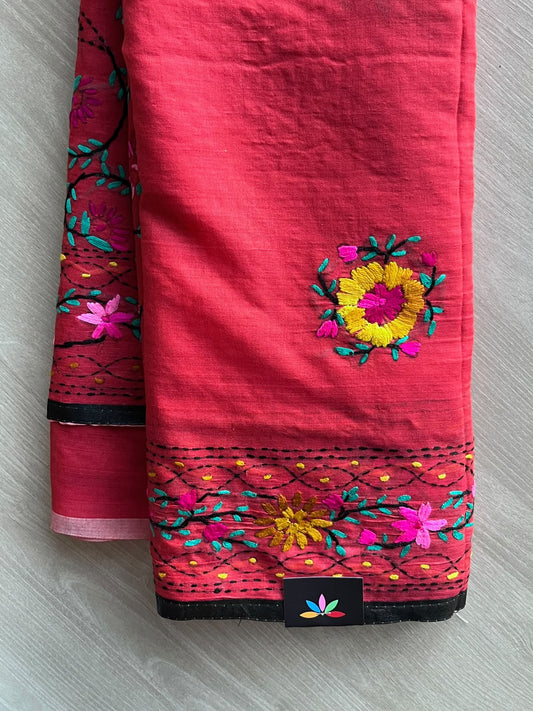 Raspberry Red Handcrafted Phulkari Embroidery Chanderi Cotton Silk Saree - 36240