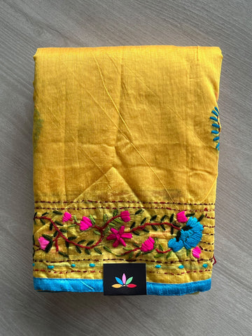 Saffron Yellow Handcrafted Phulkari Embroidery Chanderi Cotton Silk Saree - 36241
