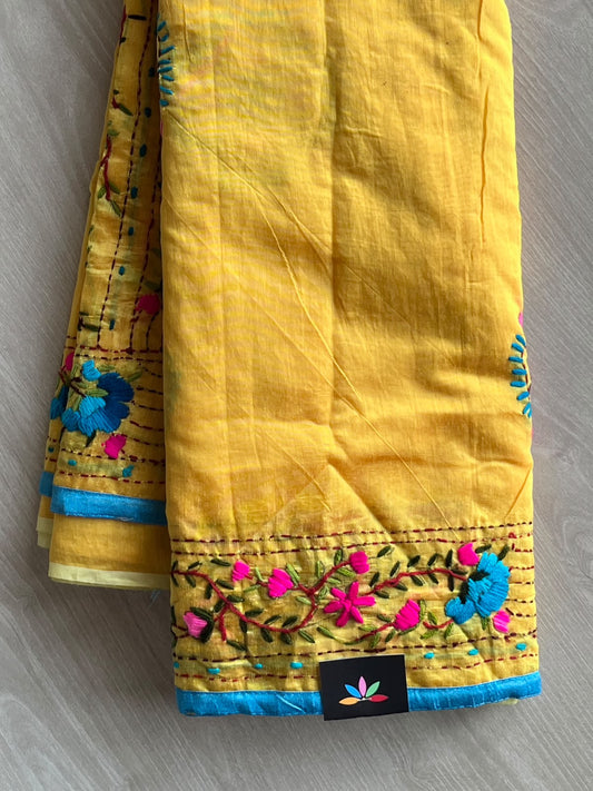 Saffron Yellow Handcrafted Phulkari Embroidery Chanderi Cotton Silk Saree - 36241