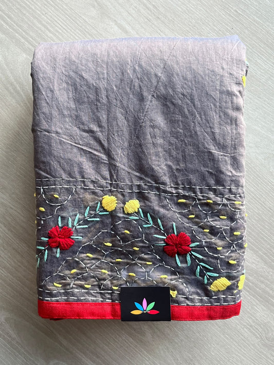 Middle Grey Handcrafted Phulkari Embroidery Chanderi Cotton Silk Saree - 36242