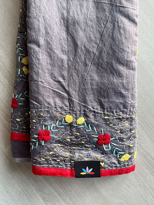 Middle Grey Handcrafted Phulkari Embroidery Chanderi Cotton Silk Saree - 36242