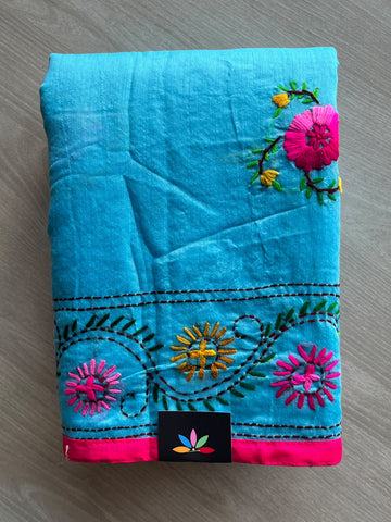 Vivid Sky-blue Handcrafted Phulkari Embroidery Chanderi Cotton Silk Saree - 36243