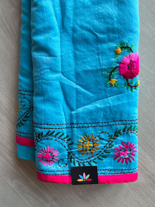 Vivid Sky-blue Handcrafted Phulkari Embroidery Chanderi Cotton Silk Saree - 36243
