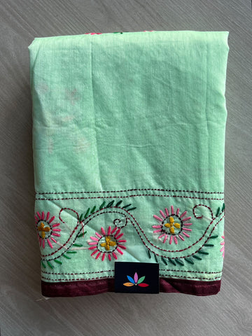 Seafoam Green Handcrafted Phulkari Embroidery Chanderi Cotton Silk Saree - 36244