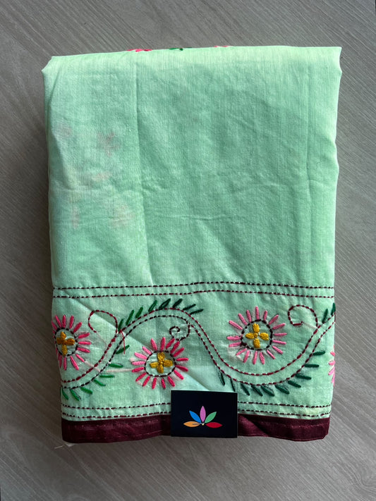 Seafoam Green Handcrafted Phulkari Embroidery Chanderi Cotton Silk Saree - 36244