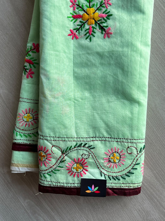 Seafoam Green Handcrafted Phulkari Embroidery Chanderi Cotton Silk Saree - 36244
