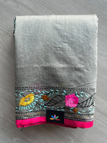 Light Grey Handcrafted Phulkari Embroidery Chanderi Cotton Silk Saree - 36245