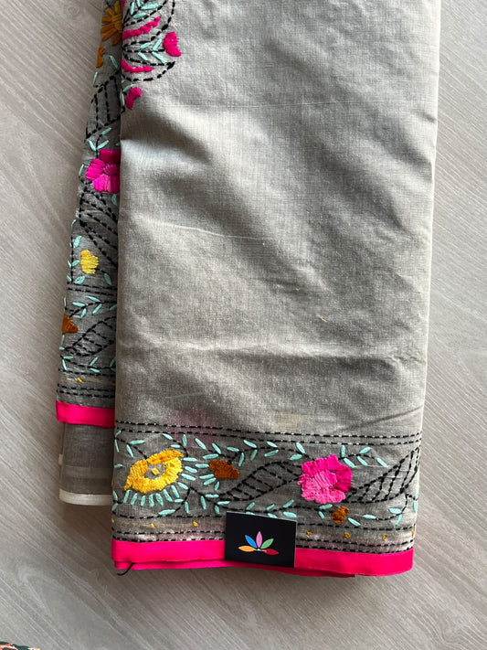 Light Grey Handcrafted Phulkari Embroidery Chanderi Cotton Silk Saree - 36245
