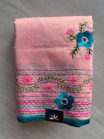 Dusty Rose Handcrafted Phulkari Embroidery Chanderi Cotton Silk Saree - 36246