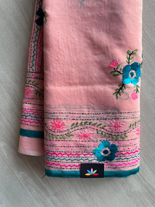 Dusty Rose Handcrafted Phulkari Embroidery Chanderi Cotton Silk Saree - 36246