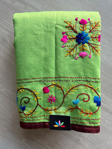 Light Green Handcrafted Phulkari Embroidery Chanderi Cotton Silk Saree - 36247