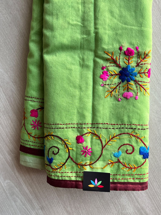 Light Green Handcrafted Phulkari Embroidery Chanderi Cotton Silk Saree - 36247