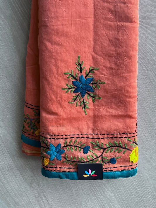 Salmon Orange Handcrafted Phulkari Embroidery Chanderi Cotton Silk Saree - 36248