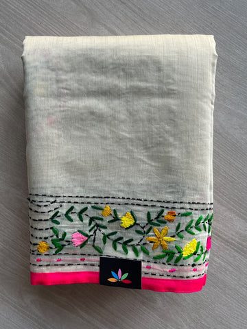 Light Beige Handcrafted Phulkari Embroidery Chanderi Cotton Silk Saree - 36249