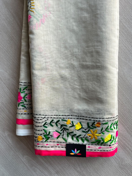 Light Beige Handcrafted Phulkari Embroidery Chanderi Cotton Silk Saree - 36249