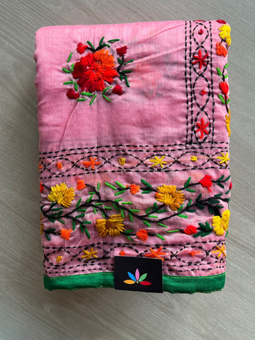 Carnation Pink Handcrafted Phulkari Embroidery Chanderi Cotton Silk Saree - 36250