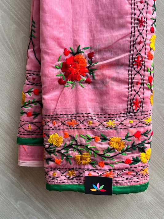 Carnation Pink Handcrafted Phulkari Embroidery Chanderi Cotton Silk Saree - 36250