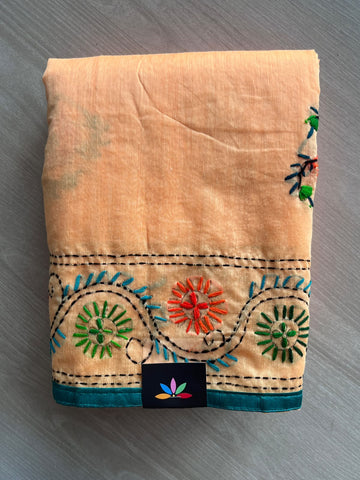 Light Orange Handcrafted Phulkari Embroidery Chanderi Cotton Silk Saree - 36251