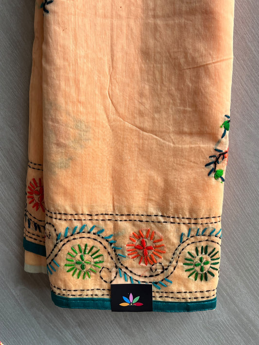 Light Orange Handcrafted Phulkari Embroidery Chanderi Cotton Silk Saree - 36251