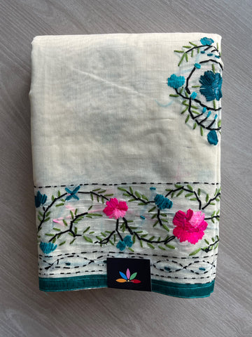Off-White Handcrafted Phulkari Embroidery Chanderi Cotton Silk Saree - 36252