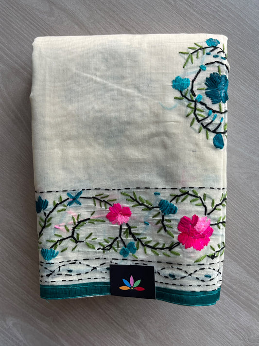Off-White Handcrafted Phulkari Embroidery Chanderi Cotton Silk Saree - 36252