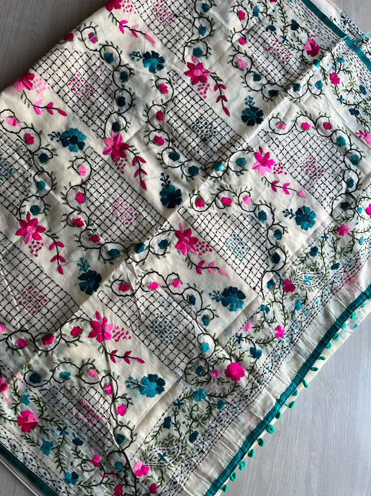 Off-White Handcrafted Phulkari Embroidery Chanderi Cotton Silk Saree - 36252