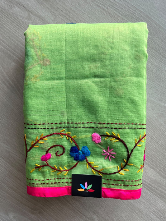 Light Green Handcrafted Phulkari Embroidery Chanderi Cotton Silk Saree - 36253
