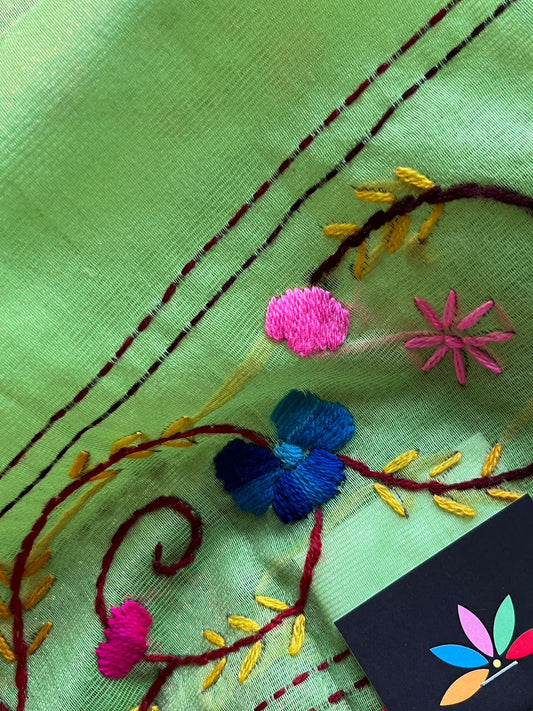 Light Green Handcrafted Phulkari Embroidery Chanderi Cotton Silk Saree - 36253
