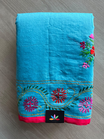 Vivid Sky-blue Handcrafted Phulkari Embroidery Chanderi Cotton Silk Saree - 36254