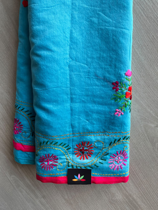 Vivid Sky-blue Handcrafted Phulkari Embroidery Chanderi Cotton Silk Saree - 36254