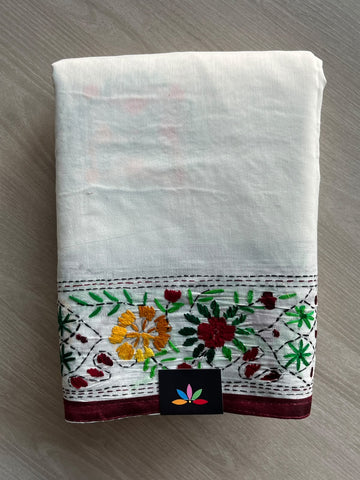 Off-White Handcrafted Phulkari Embroidery Chanderi Cotton Silk Saree - 36256