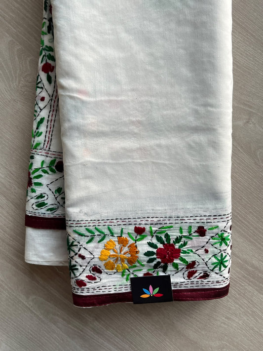 Off-White Handcrafted Phulkari Embroidery Chanderi Cotton Silk Saree - 36256