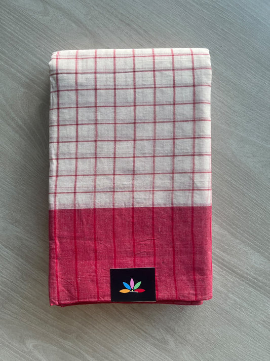Off-White Checked Handloom Cotton Saree (Starched) - 36274-36276
