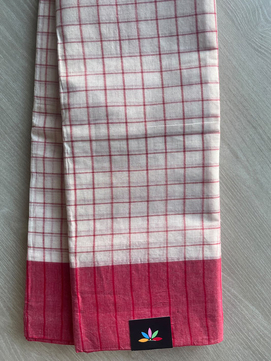 Off-White Checked Handloom Cotton Saree (Starched) - 36274-36276