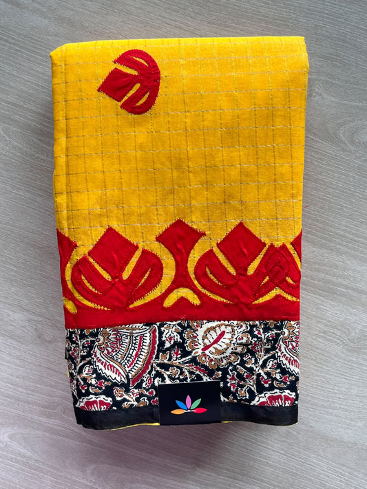 Saffron Yellow Appliqué work Bengal Cotton Saree (Without blouse) - 36303