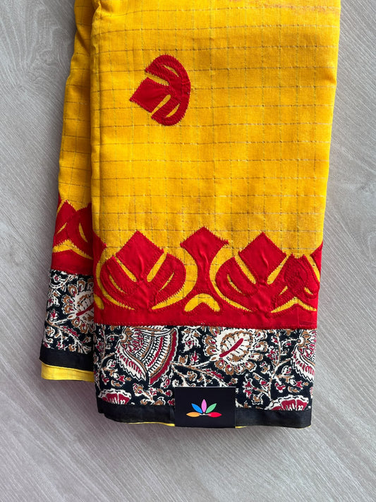 Saffron Yellow Appliqué work Bengal Cotton Saree (Without blouse) - 36303