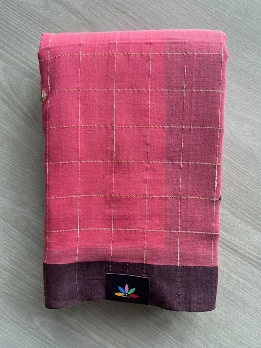 Ruby Red Checked Woven Butta Soft Cotton Saree - 36621