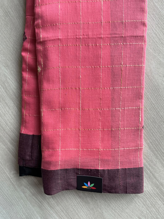 Ruby Red Checked Woven Butta Soft Cotton Saree - 36621