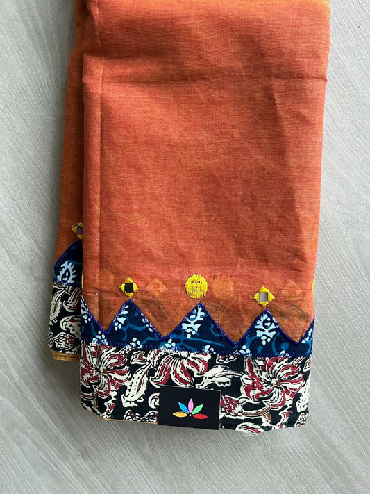 Rust Orange Appliqué work Bengal Cotton Saree (Without blouse) - 36762