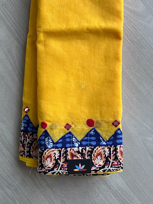 Saffron Yellow Appliqué work Bengal Cotton Saree (Without blouse) - 36766